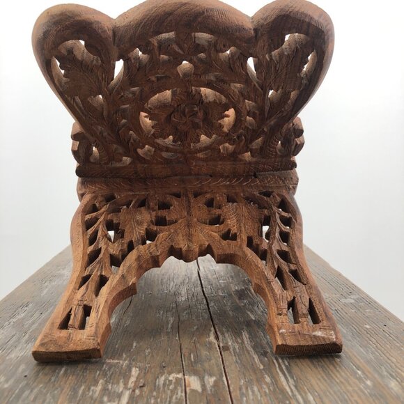 Vintage Teak Wood Book Holder Stand Hand Carved Floral Leaf Design Folding Decor - Picture 4 of 12